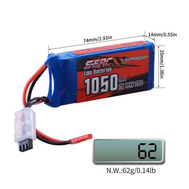 【Sunpadow】2pcs 2S Lipo Battery 7.4V 20C 1050mAh with JST Plug for RC Airplane Hobby