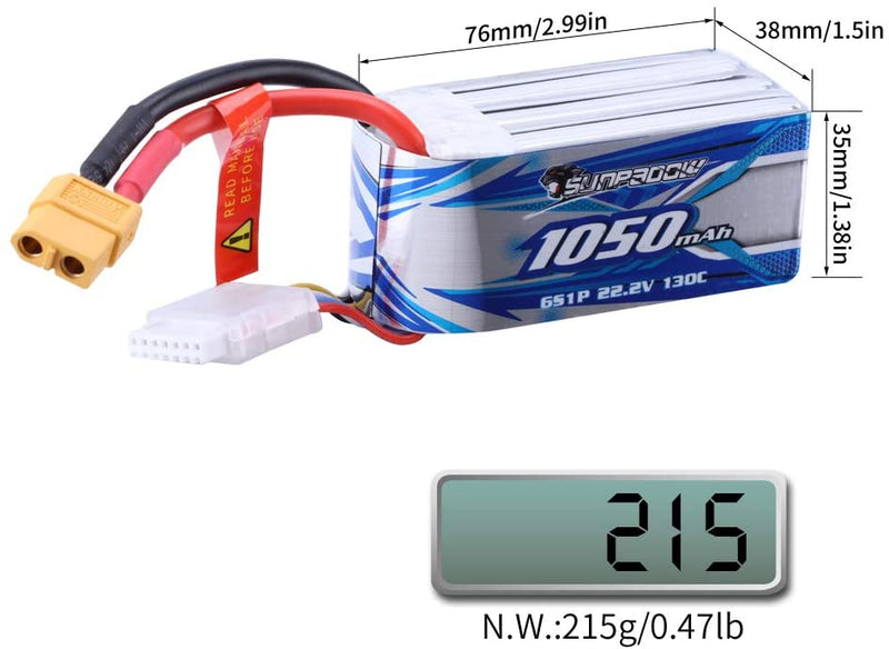 【Sunpadow】6S Lipo Battery 22.2V 1050mAh 130C Soft Pack with XT60 Plug for RC FPV Racing