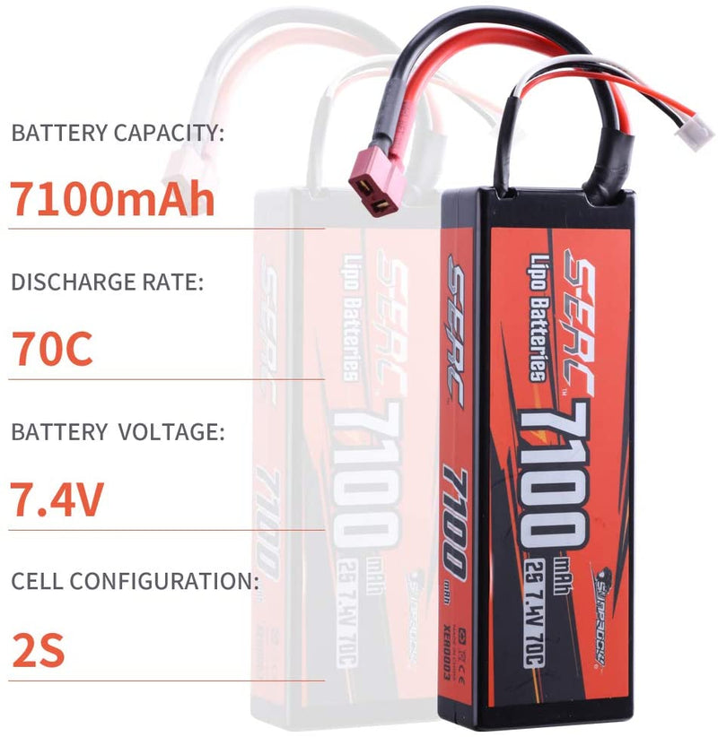 【Sunpadow】2S Lipo Battery 7.4V 7100mAh 70C Hard Case with Deans T Plug for RC Truck Hobby