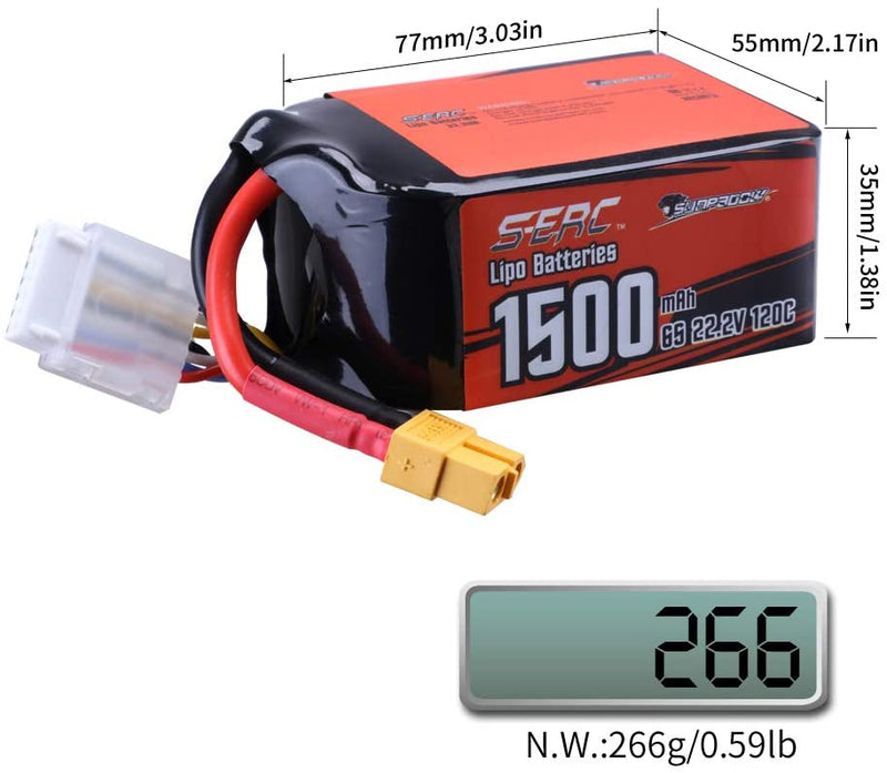 【Sunpadow】 6S 22.2V Lipo Battery 1500mAh 120C Soft Pack with XT60 for RC FPV Racing 2 Packs (Buy One Get Two)