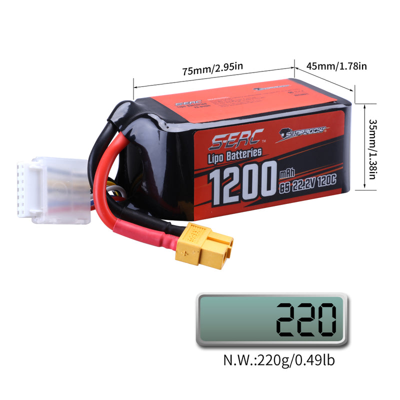 【Sunpadow】6S 22.2V Lipo Battery 1200mAh 120C Soft Pack with XT60 for RC Airplane 2 Packs (Buy One Get Two)