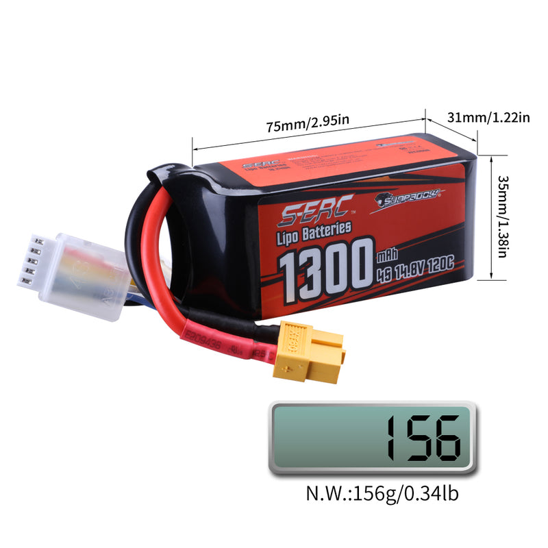 【Sunpadow】 4S 14.8V Lipo Battery 1300mAh 120C Soft Pack with XT60 Connector for FPV 2 Packs (Buy One Get Two)