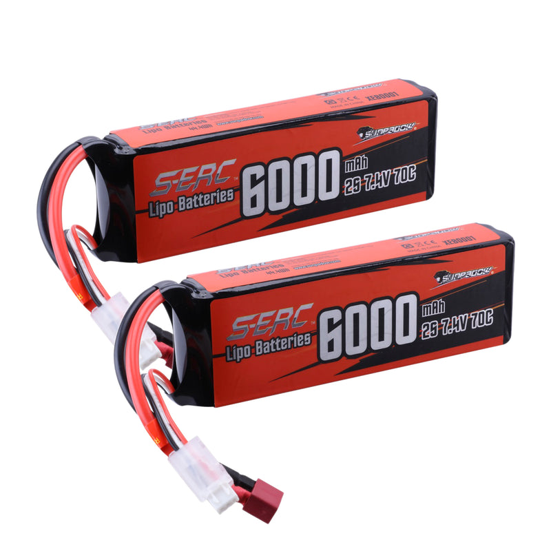 【Sunpadow】 2S Lipo Battery 7.4V 6000mAh 70C Soft Pack with Deans T Plug for RC Car