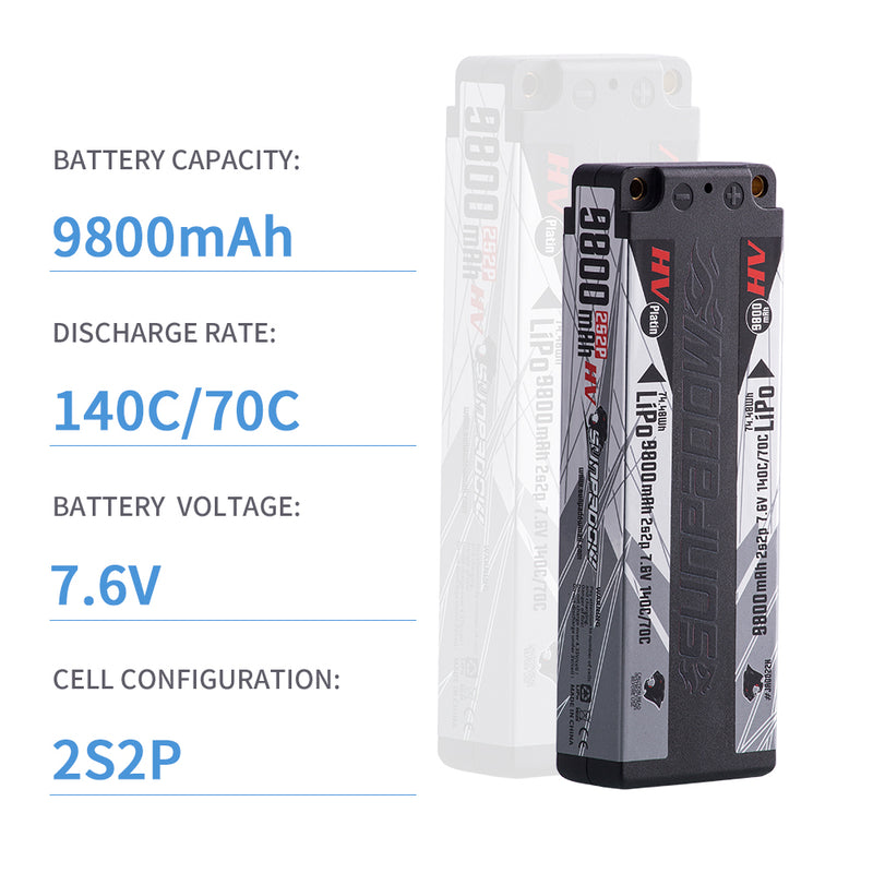 2024 Sunpadow HV Series Lipo Battery 9800mAh 7.6V 2S2P 140C with 5mm Bullet for RC Car Competition