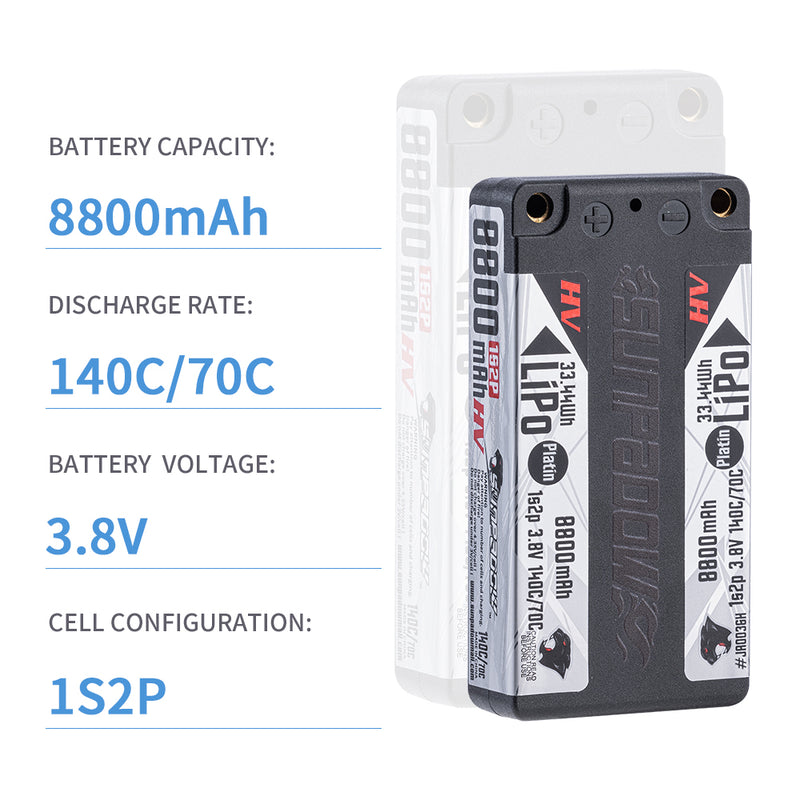 2024 Sunpadow HV series Lipo Battery 8800mAh 3.8V 1S2P 140C SHORTY ULCG with 5mm bullet for RC Car Competition