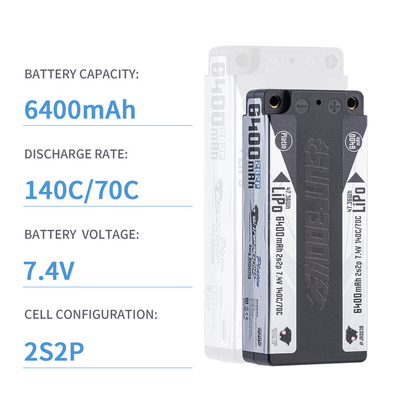 2024 Sunpadow TOP Series Lipo Battery 6400mAh 7.4V 2S2P 140C Hardcase with 5mm Bullet for RC Car Vehicle Match