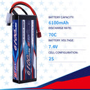 【Buy one get two】7.4V 2S Lipo Battery 6100mAh 70C Hard Case with Deans T Plug for RC Truck