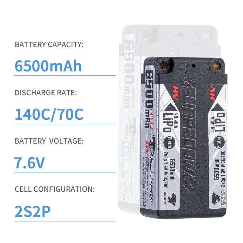 2024 Sunpadow HV series SHORTY Lipo Battery 6500mAh 2S2P 7.6V 140C with 5mm Bullet for RC Car Race