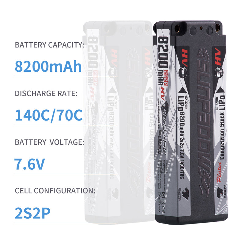 2024 Sunpadow HV series Lipo Battery 8200mAh 2S2P 7.6V 140C with 5mm Bullet STICK for RC Car Race