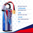 2pcs 14.8V 4S RC Lipo Battery 25C 2250mAh with XT60 Plug for RC Airplane Racing Hobby