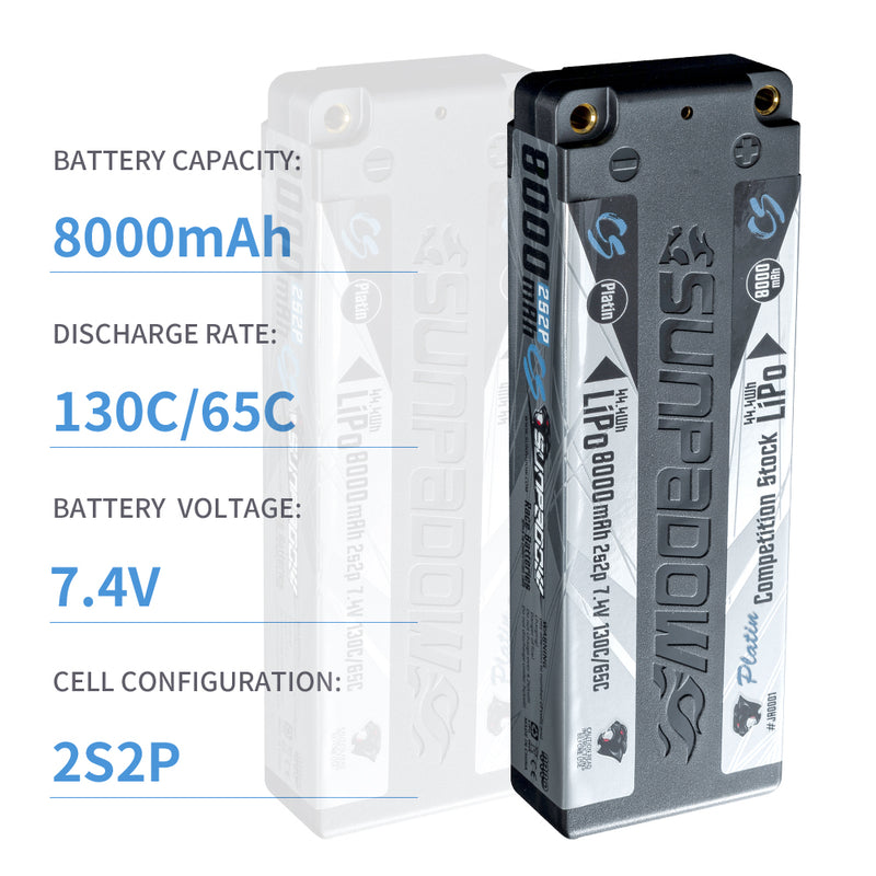 2024 Sunpadow TOP Series Lipo Battery 8000mAh 7.4V 2S2P 130C with 5mm Bullet Suggest for Stock Class Competition