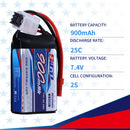 7.4V 2S RC Lipo Battery 25C 900mAh with JST Plug for RC Airplane Racing 2 Packs (Buy One Get Two)