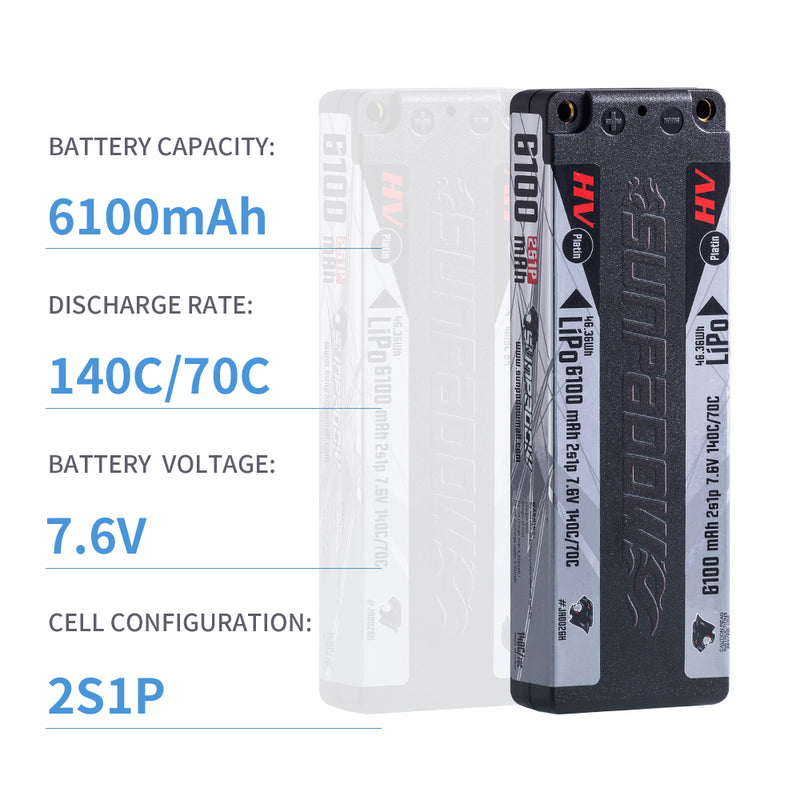 2024 Sunpadow HV Series Lipo Battery 6100mAh 7.6V 2S1P 140C with 4mm Bullet for RC Car Play