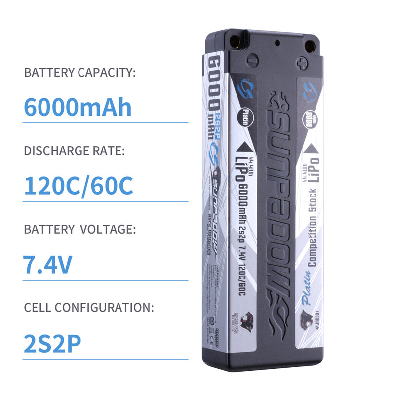 2024 Sunpadow TOP Series Lipo Battery 6000mAh 7.4V 2S2P 120C with 5mm Bullet Suggest for Stock Class Competition