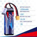 2pcs 3S 11.1V Lipo Battery 25C 2250mAh with XT60 Plug for RC Quadcopter Hobby