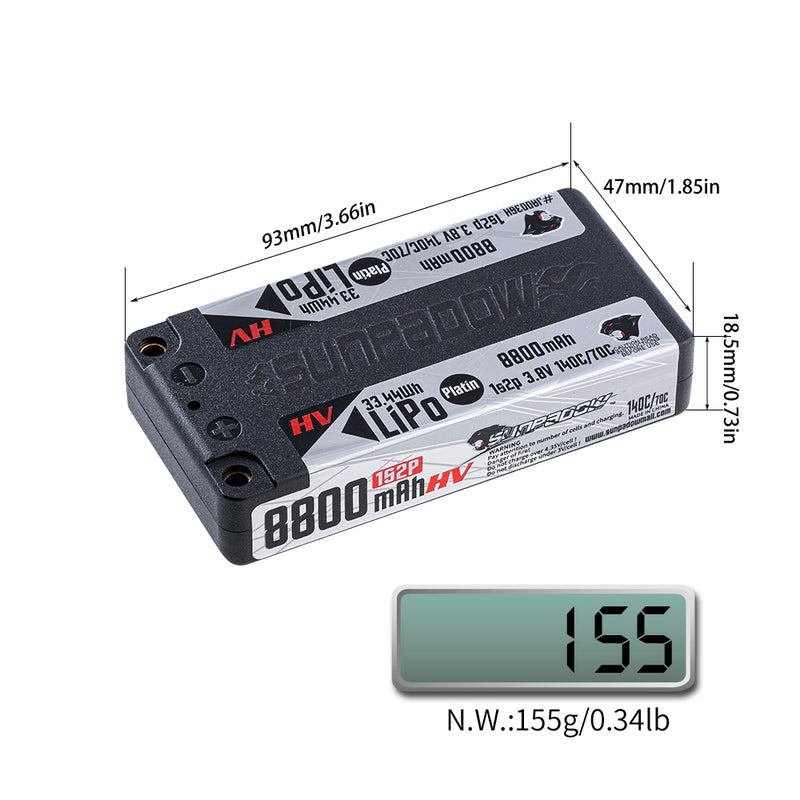 2024 Sunpadow HV series Lipo Battery 8800mAh 3.8V 1S2P 140C SHORTY ULCG with 5mm bullet for RC Car Competition