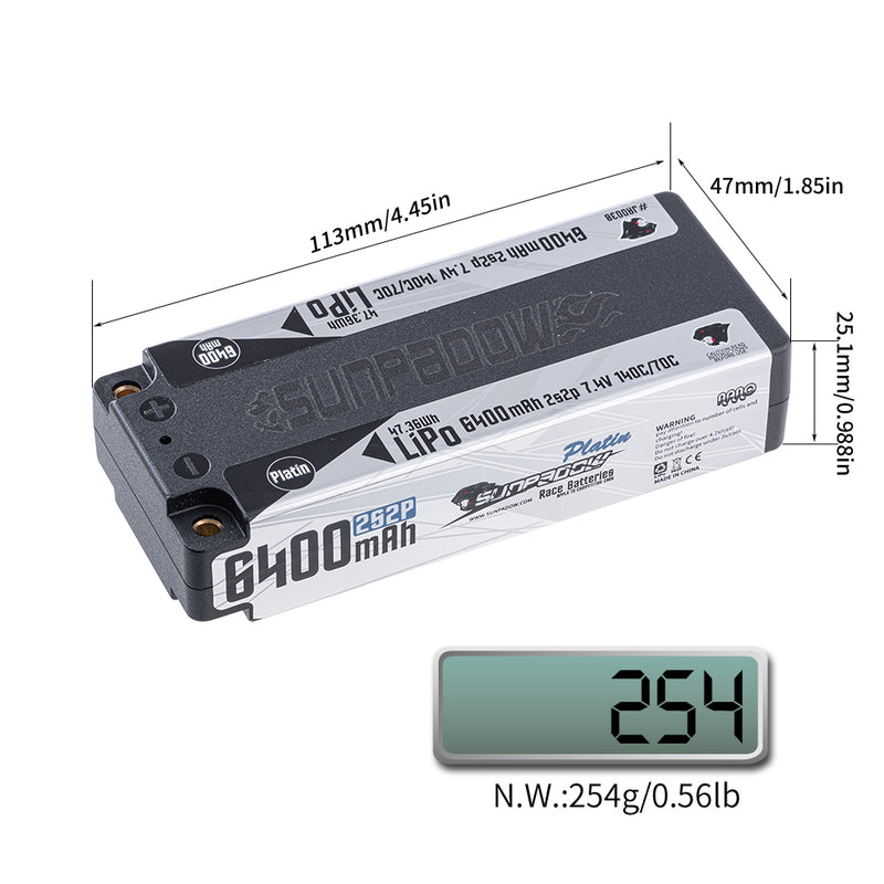 2024 Sunpadow TOP Series Lipo Battery 6400mAh 7.4V 2S2P 140C Hardcase with 5mm Bullet for RC Car Vehicle Match