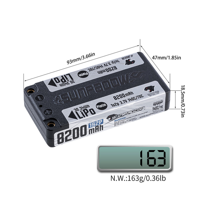 2024 Sunpadow TOP Series Lipo Battery 8200mAh 1S2P 7.4V 140C Hardcase with 5mm Bullet for RC Play