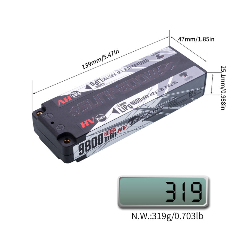 2024 Sunpadow HV Series Lipo Battery 9800mAh 7.6V 2S2P 140C with 5mm Bullet for RC Car Competition