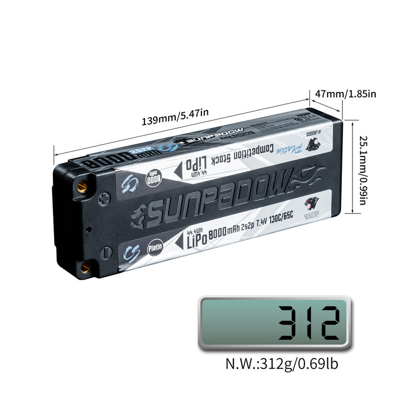 2024 Sunpadow TOP Series Lipo Battery 8000mAh 7.4V 2S2P 130C with 5mm Bullet Suggest for Stock Class Competition