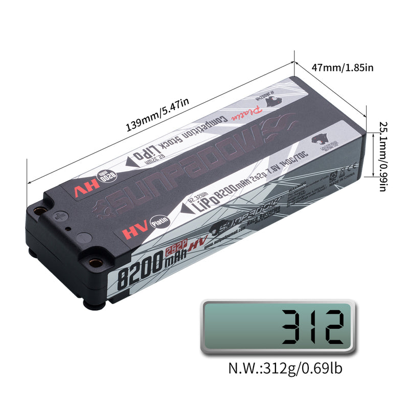 2024 Sunpadow HV series Lipo Battery 8200mAh 2S2P 7.6V 140C with 5mm Bullet STICK for RC Car Race