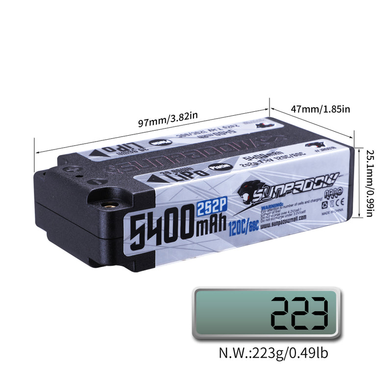 2024 Sunpadow TOP Series Lipo Battery 5400mAh 7.4V 2S2P 120C Shorty Hardcase with 4mm Bullet for RC Car Vehicle Match