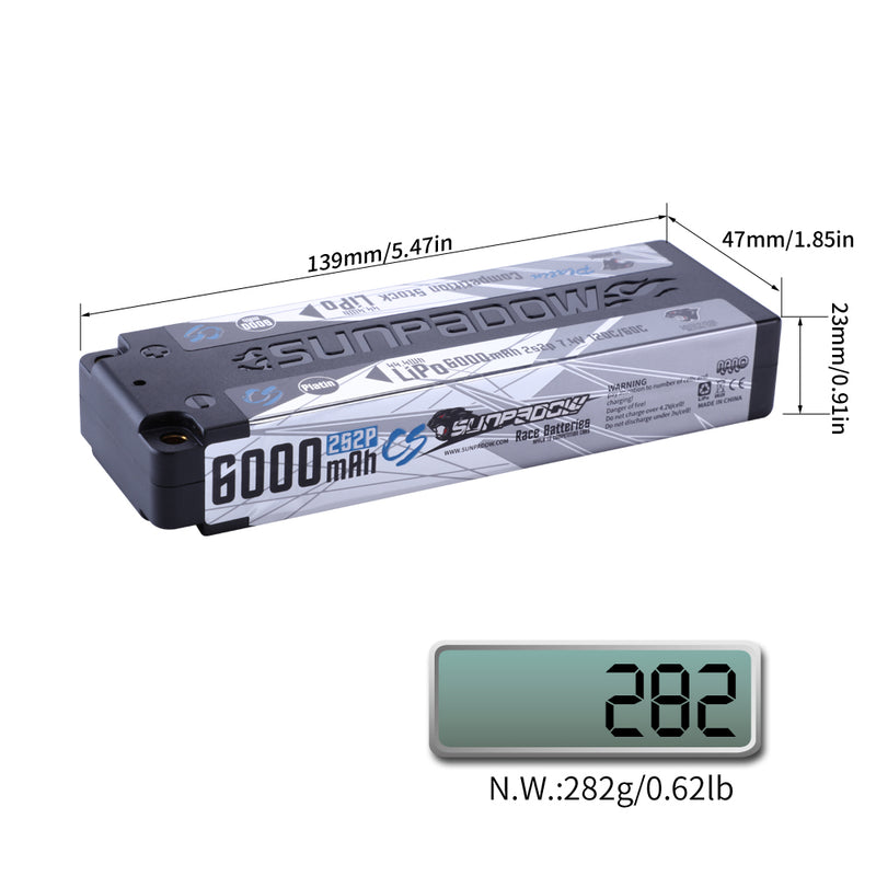 2024 Sunpadow TOP Series Lipo Battery 6000mAh 7.4V 2S2P 120C with 5mm Bullet Suggest for Stock Class Competition
