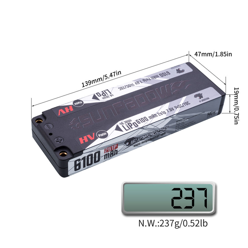 2024 Sunpadow HV Series Lipo Battery 6100mAh 7.6V 2S1P 140C with 4mm Bullet for RC Car Play