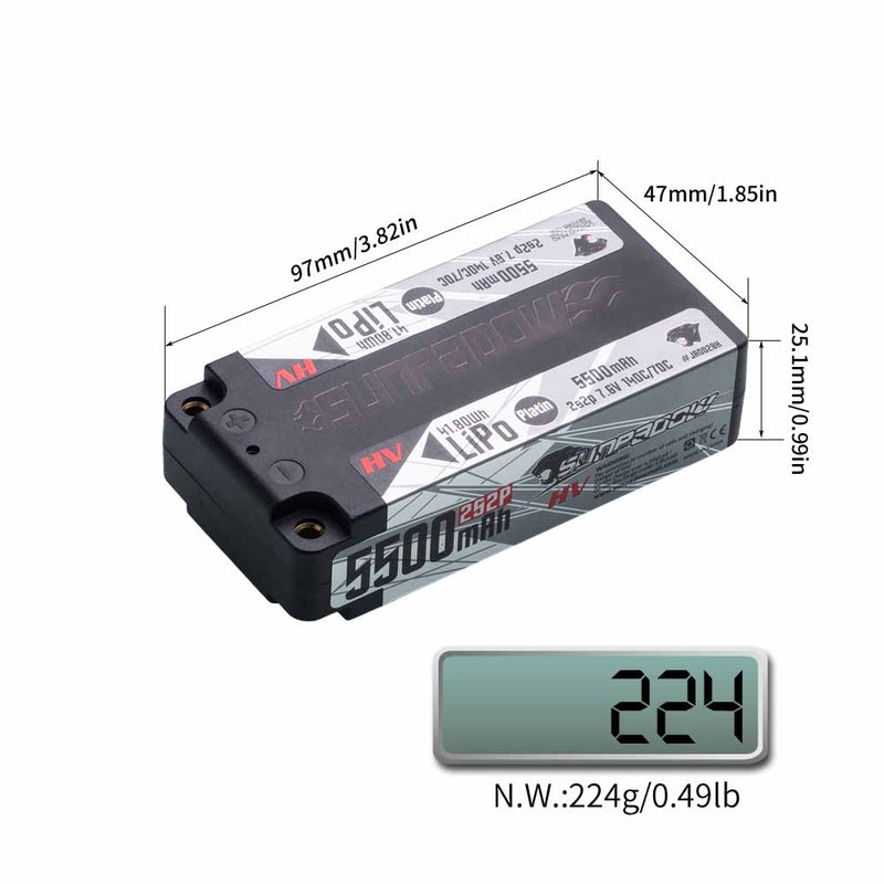 2024 Sunpadow HV Series Lipo Battery 5500mAh 7.6V 2S2P 140C with 4mm Bullet for RC Car Match