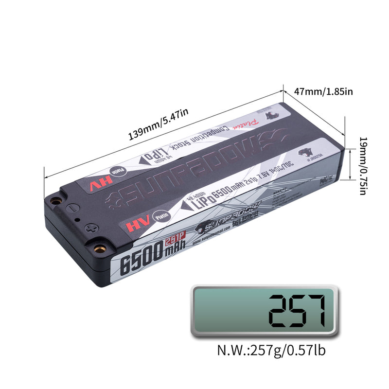 2024 Sunpadow HV Series Lipo Battery 6500mAh 7.6V 2S1P 140C with 5mm Bullet for RC Match