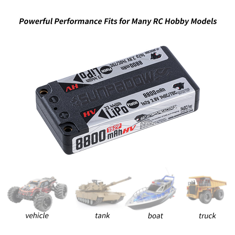 2024 Sunpadow HV series Lipo Battery 8800mAh 3.8V 1S2P 140C SHORTY ULCG with 5mm bullet for RC Car Competition