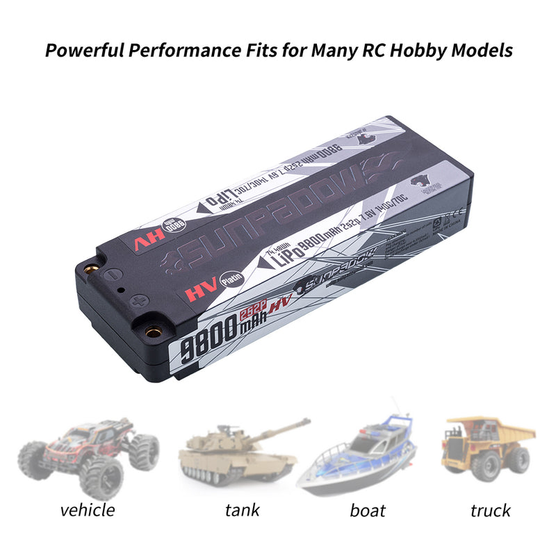 2024 Sunpadow HV Series Lipo Battery 9800mAh 7.6V 2S2P 140C with 5mm Bullet for RC Car Competition