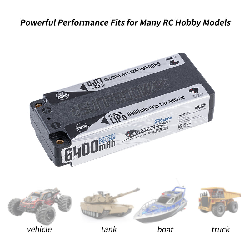 2024 Sunpadow TOP Series Lipo Battery 6400mAh 7.4V 2S2P 140C Hardcase with 5mm Bullet for RC Car Vehicle Match