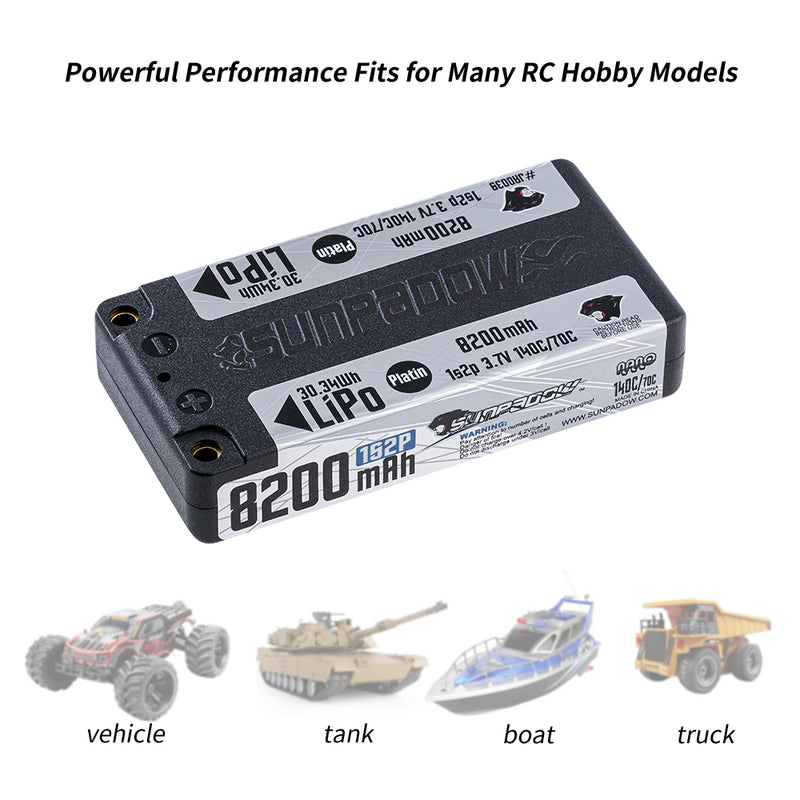 2024 Sunpadow TOP Series Lipo Battery 8200mAh 1S2P 7.4V 140C Hardcase with 5mm Bullet for RC Play