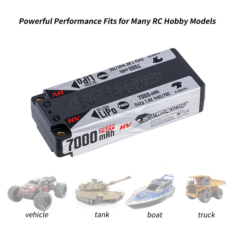 2024 Sunpadow HV Series Lipo Battery 7000mAh 7.6V 2S2P 140C with 5mm Bullet for RC Car Play