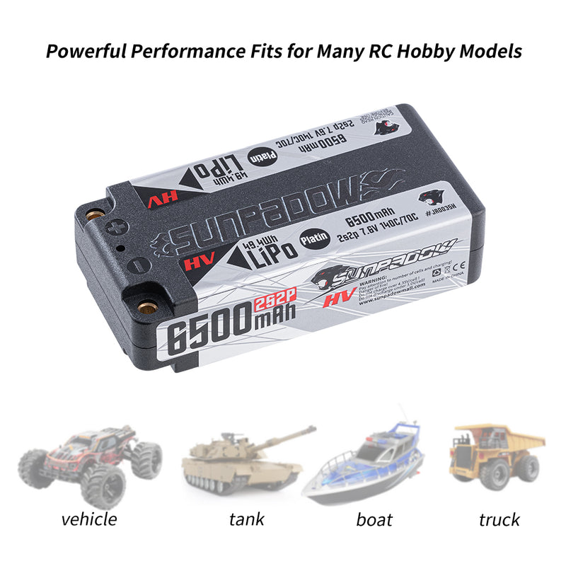 2024 Sunpadow HV series SHORTY Lipo Battery 6500mAh 2S2P 7.6V 140C with 5mm Bullet for RC Car Race