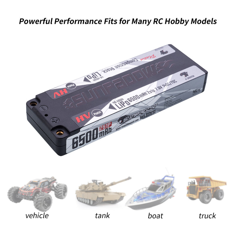 2024 Sunpadow HV Series Lipo Battery 6500mAh 7.6V 2S1P 140C with 5mm Bullet for RC Match