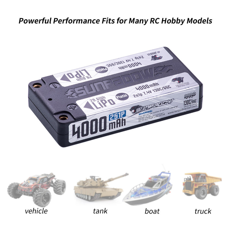 2024 Sunpadow TOP Series Lipo Battery 4000mAh 2S1P 7.4V 130C Hardcase with 4mm Bullet for RC Play