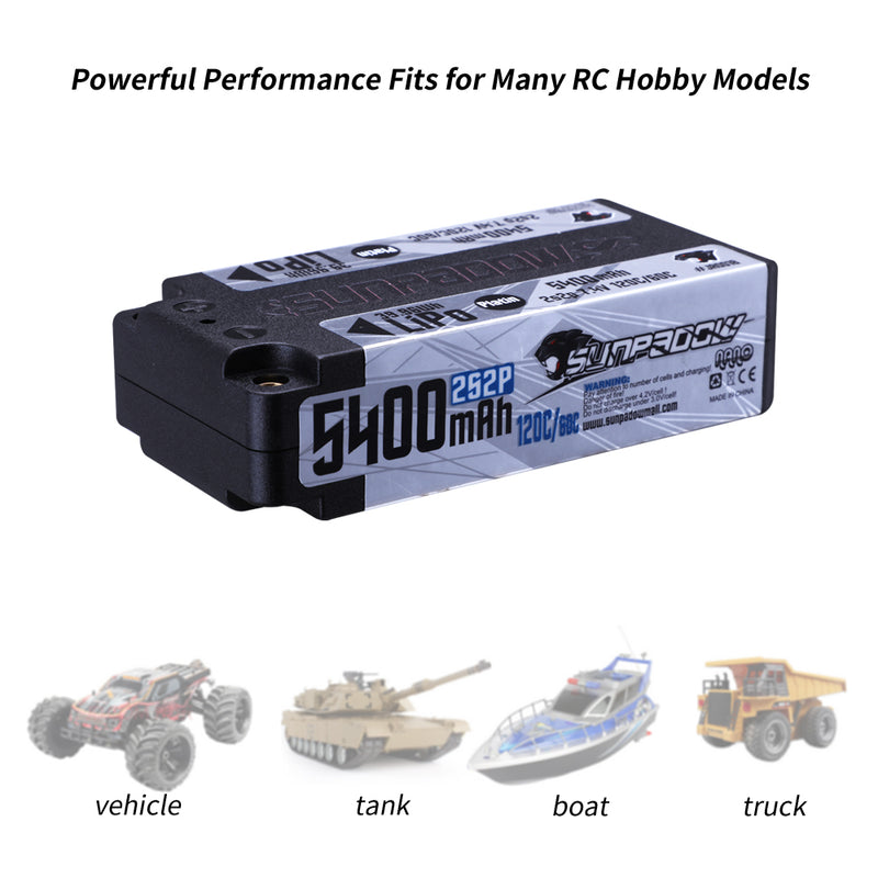 2024 Sunpadow TOP Series Lipo Battery 5400mAh 7.4V 2S2P 120C Shorty Hardcase with 4mm Bullet for RC Car Vehicle Match