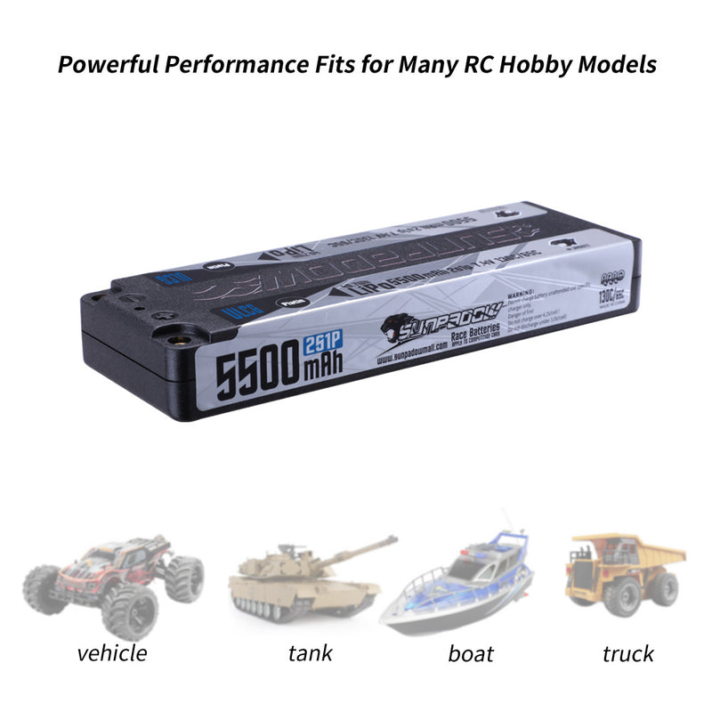 2024 Sunpadow TOP Series Lipo Battery 5500mAh 7.4V 2S1P 130C Stick ULGC with 4mm Bullet for RC Car Vehicle Play