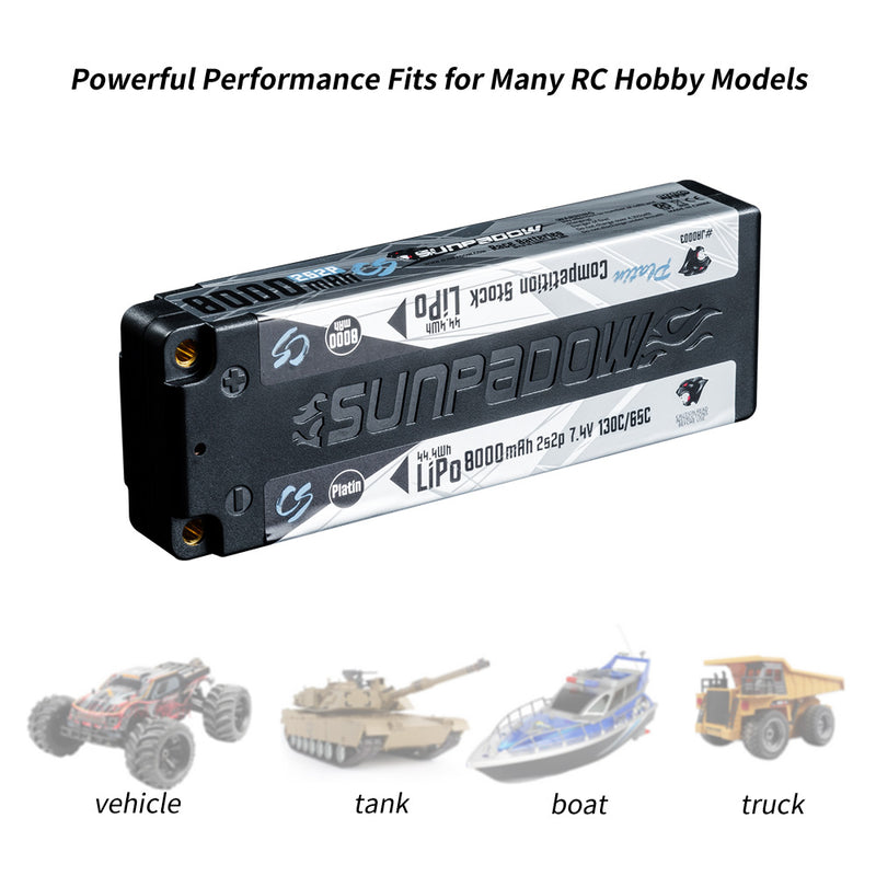 2024 Sunpadow TOP Series Lipo Battery 8000mAh 7.4V 2S2P 130C with 5mm Bullet Suggest for Stock Class Competition