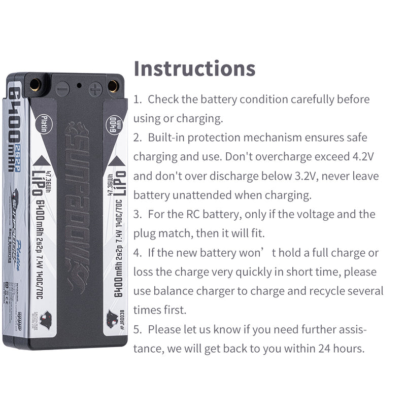 2024 Sunpadow TOP Series Lipo Battery 6400mAh 7.4V 2S2P 140C Hardcase with 5mm Bullet for RC Car Vehicle Match