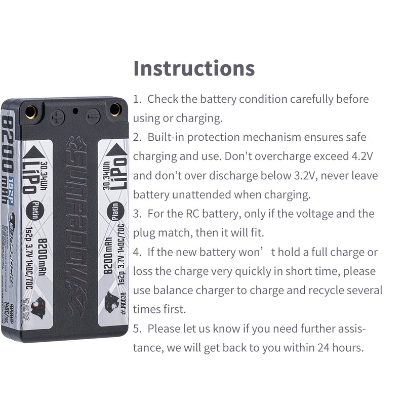 2024 Sunpadow TOP Series Lipo Battery 8200mAh 1S2P 7.4V 140C Hardcase with 5mm Bullet for RC Play