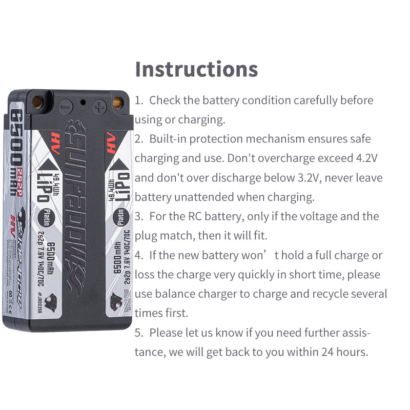 2024 Sunpadow HV series SHORTY Lipo Battery 6500mAh 2S2P 7.6V 140C with 5mm Bullet for RC Car Race