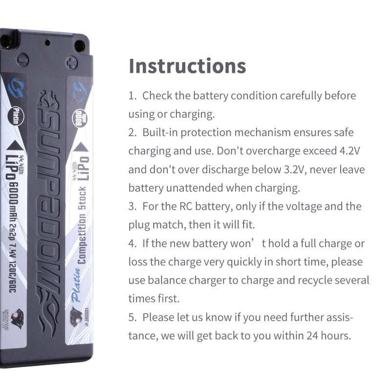 2024 Sunpadow TOP Series Lipo Battery 6000mAh 7.4V 2S2P 120C with 5mm Bullet Suggest for Stock Class Competition