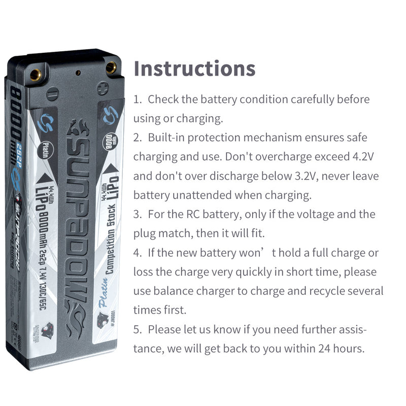 2024 Sunpadow TOP Series Lipo Battery 8000mAh 7.4V 2S2P 130C with 5mm Bullet Suggest for Stock Class Competition