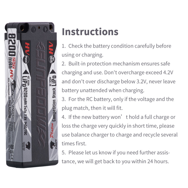 2024 Sunpadow HV series Lipo Battery 8200mAh 2S2P 7.6V 140C with 5mm Bullet STICK for RC Car Race