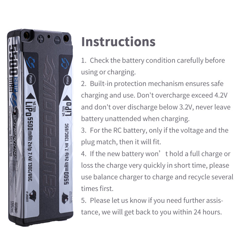 2025 Sunpadow TOP Series Lipo Battery 5500mAh 7.4V 2S1P 130C Stick ULGC with 4mm Bullet for RC Car Vehicle Play