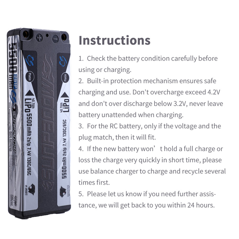 2024 Sunpadow TOP Series Lipo Battery 5500mAh 7.4V 2S1P 130C Stick ULGC with 4mm Bullet for RC Car Vehicle Play