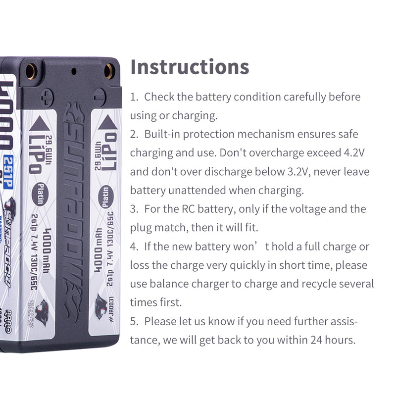 2024 Sunpadow TOP Series Lipo Battery 4000mAh 2S1P 7.4V 130C Hardcase with 4mm Bullet for RC Play